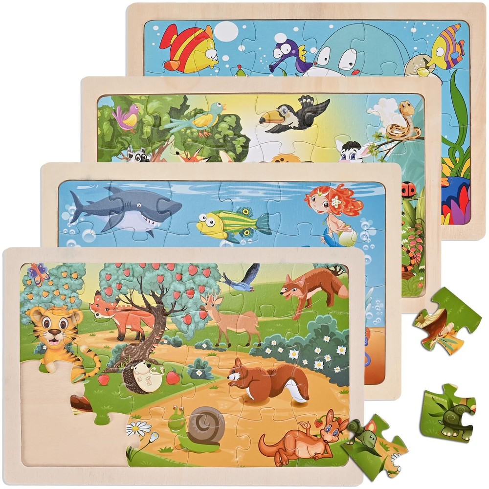 Wooderma Wooden Puzzles for Kids Ages 3 4 5 4 Packs 24 Pcs Sea and Animal Puz...