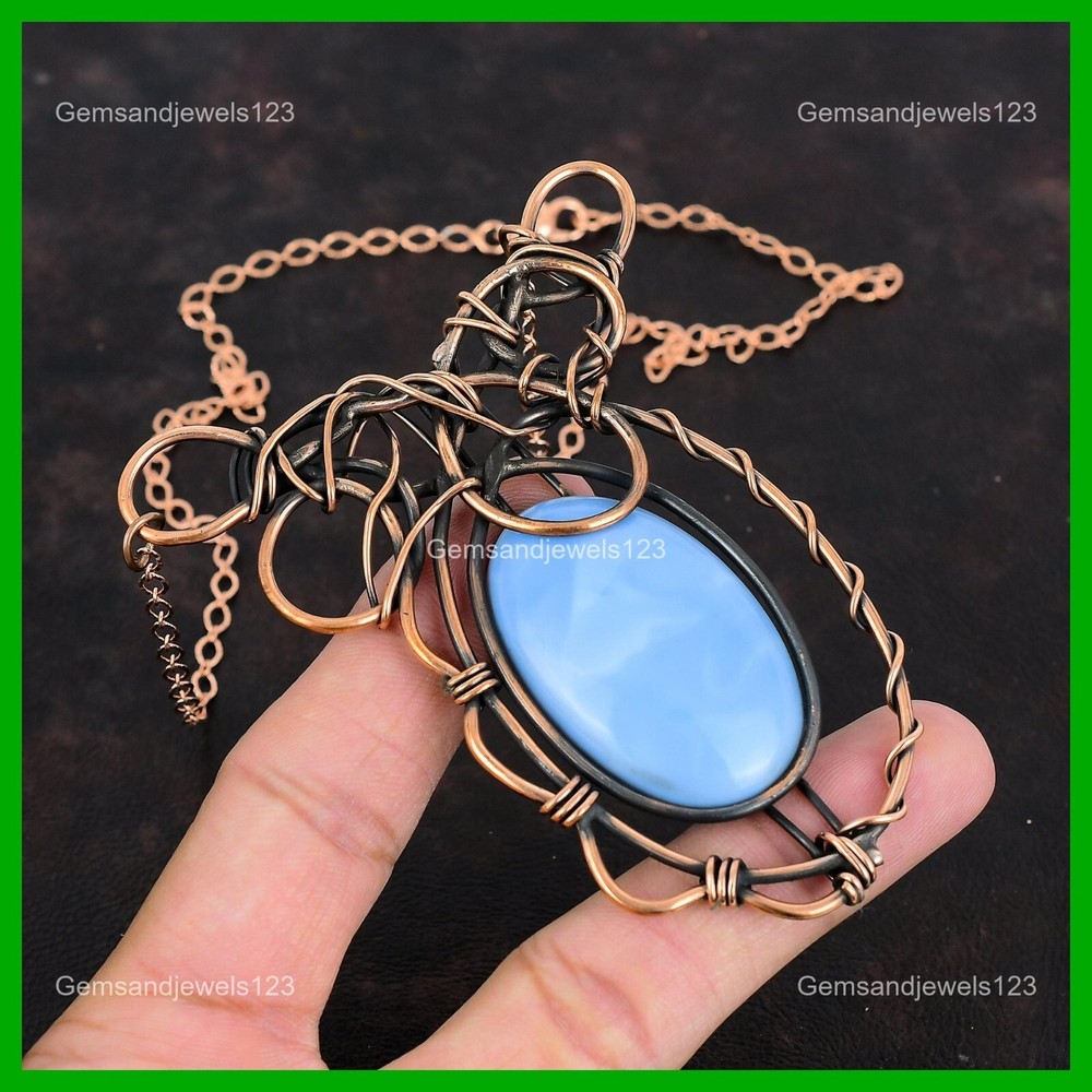 Mothers day Sale Copper Owyhee Blue Opal Stone Wire Wrapped Boho Chain Necklace-image