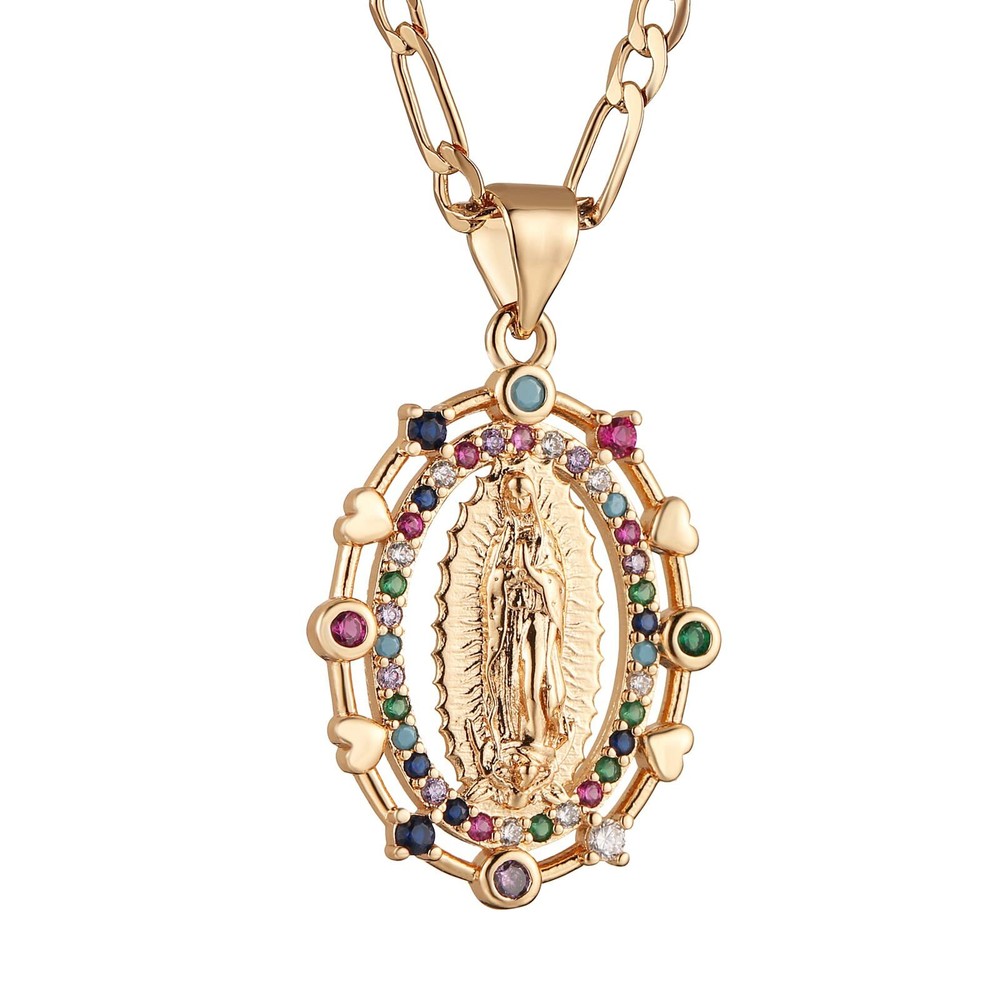 HZMAN 14K Gold Plated Oval Virgin Mary Heart Prayer Necklace Amulet