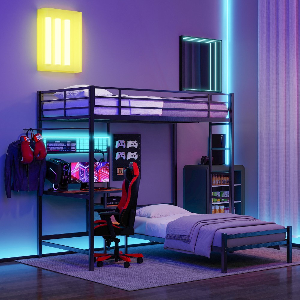 Bunk Bed with Desk Stationl Drawers Loft Beds with Safety Guardrail and Ladder