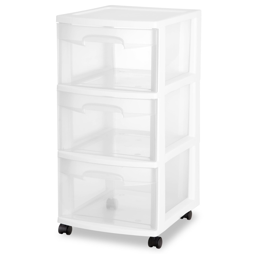 3 Drawer Slim Storage Cart with Clear Pull Out Drawers, White