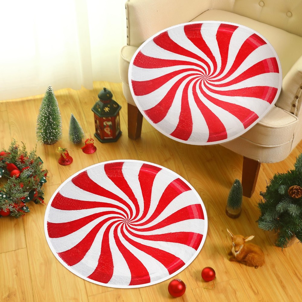2pc Non-Slip Christmas Candy Cashmere Bath Rugs 23.62 Inch Round Decor Mat