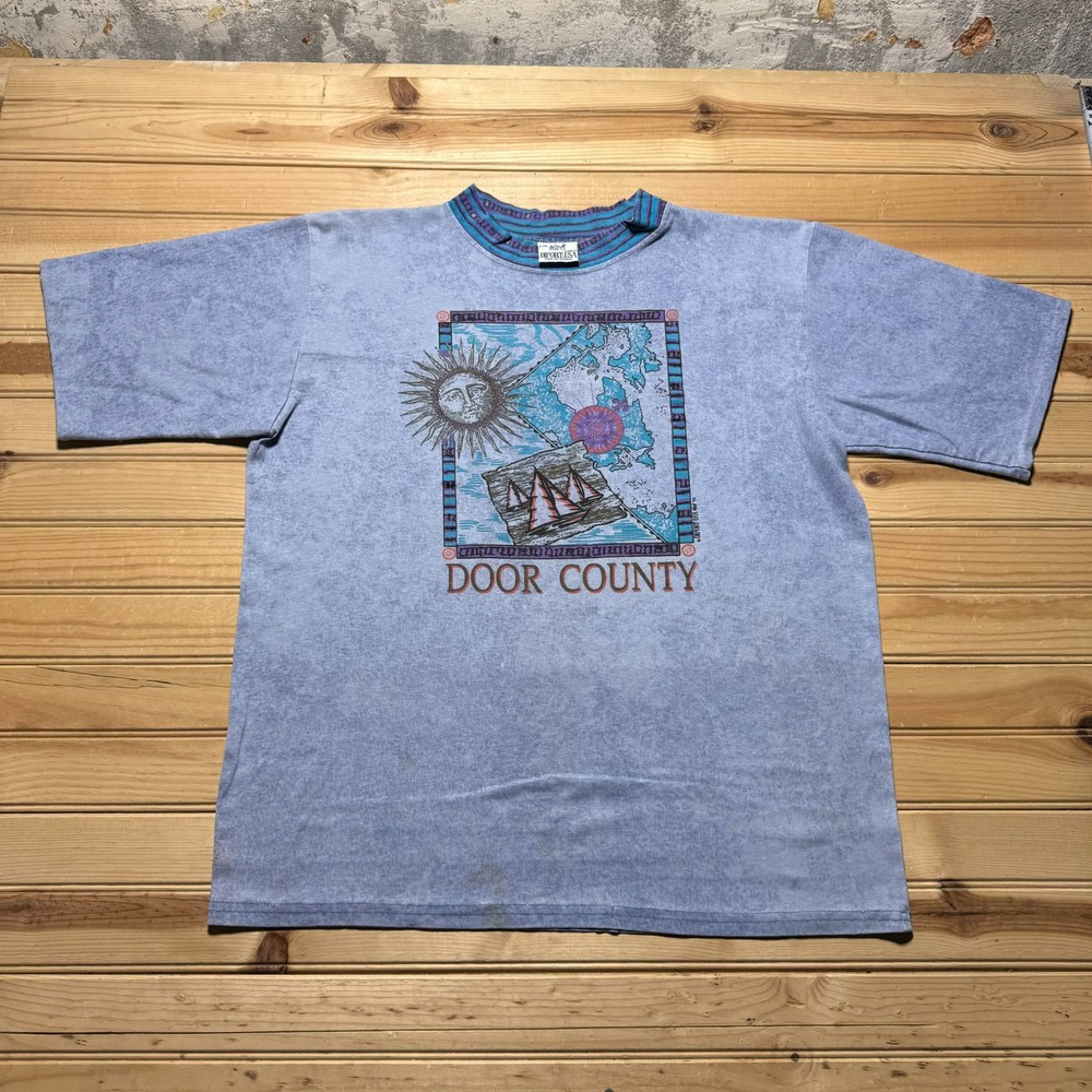 Vintage 1992 Door County Wisconsin Map Graphic Nautical Sun Shirt USA Made - XL