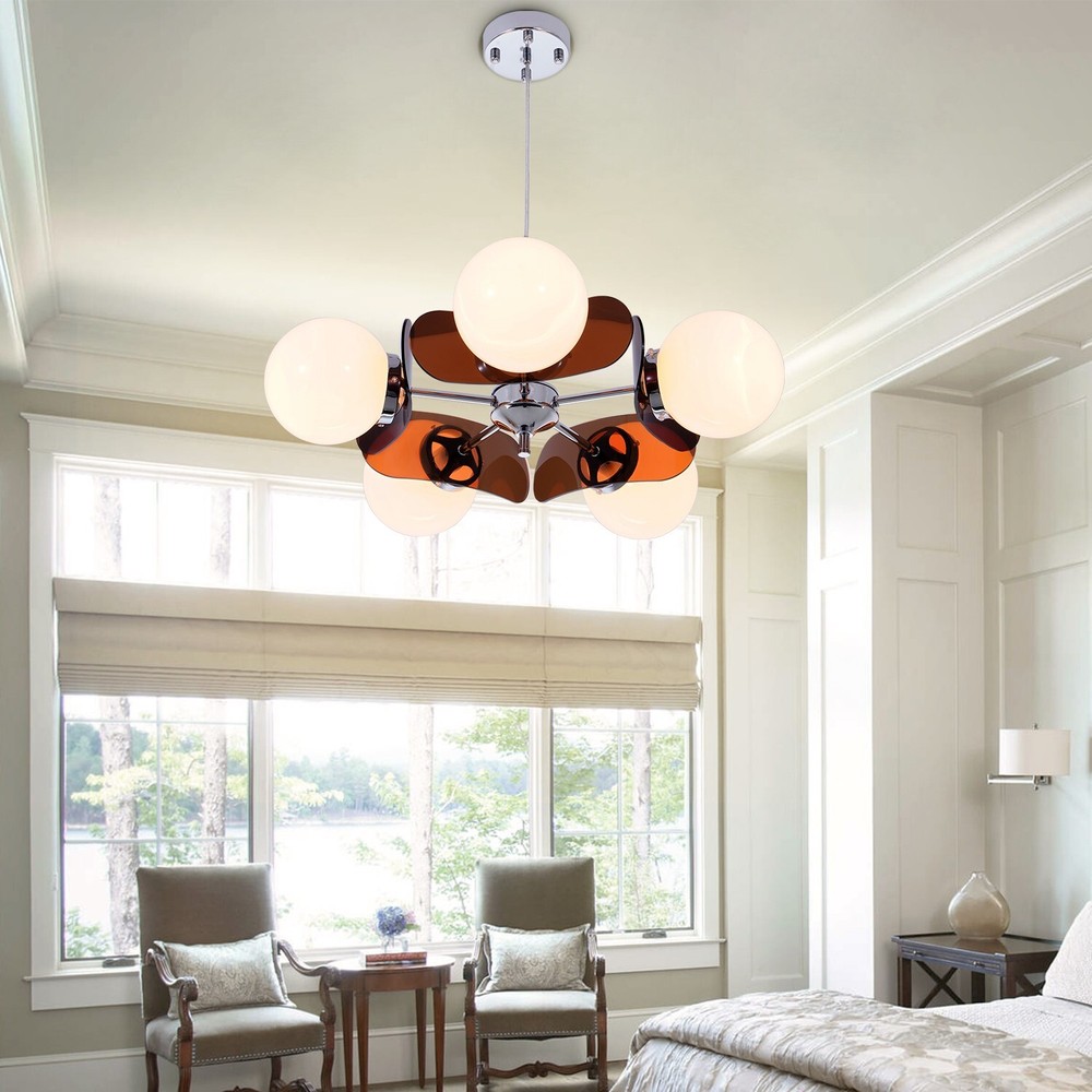 5-Lights Glass Globe Chandelier Vintage Pendant Lamp Semi-Flush Ceiling Fixtures