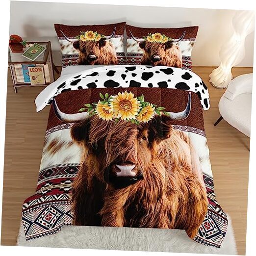 Highland Cow Decor Comforter with 2 Pillowcases,Animal Theme King Brown-white