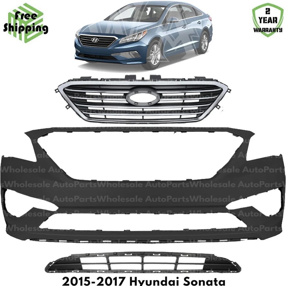 Front Bumper Cover Fascia & Grille Assembly Kit For 2015-2017 Hyundai Sonata