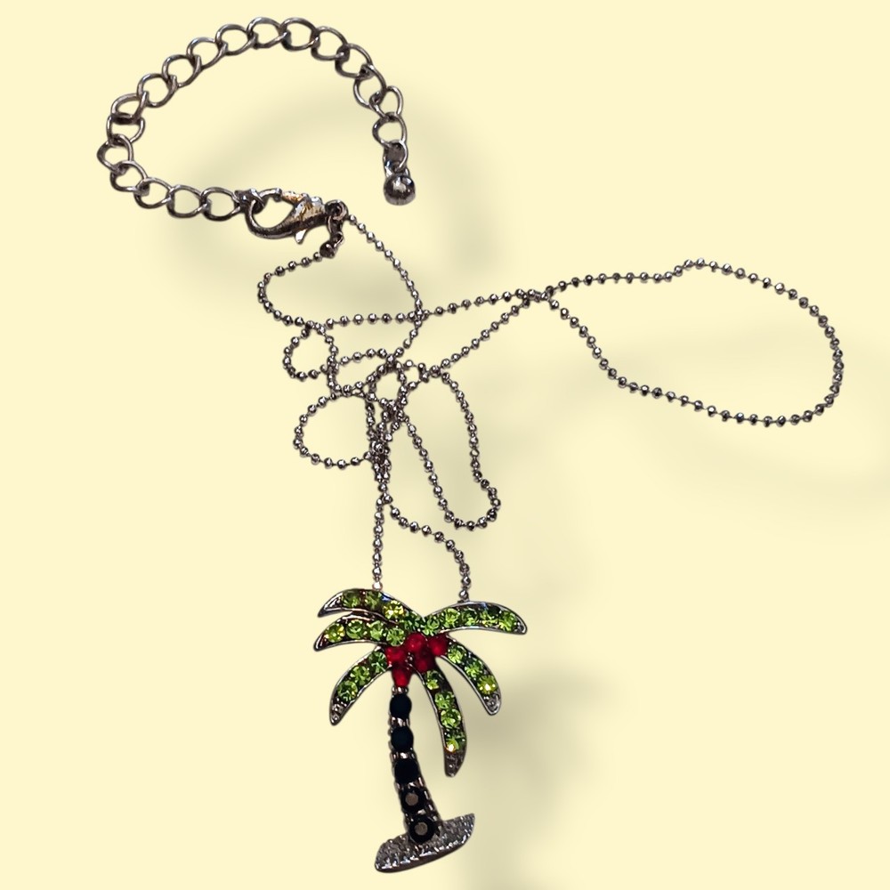 Colorful Crystal Rhinestone Palm Tree Pendant on Silver-tome Ball Chain