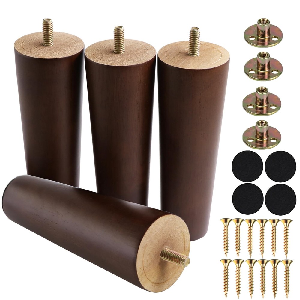 6 Inches Round Solid Wood Furniture Legs Set of 4, Brown Wooden Replacement F...