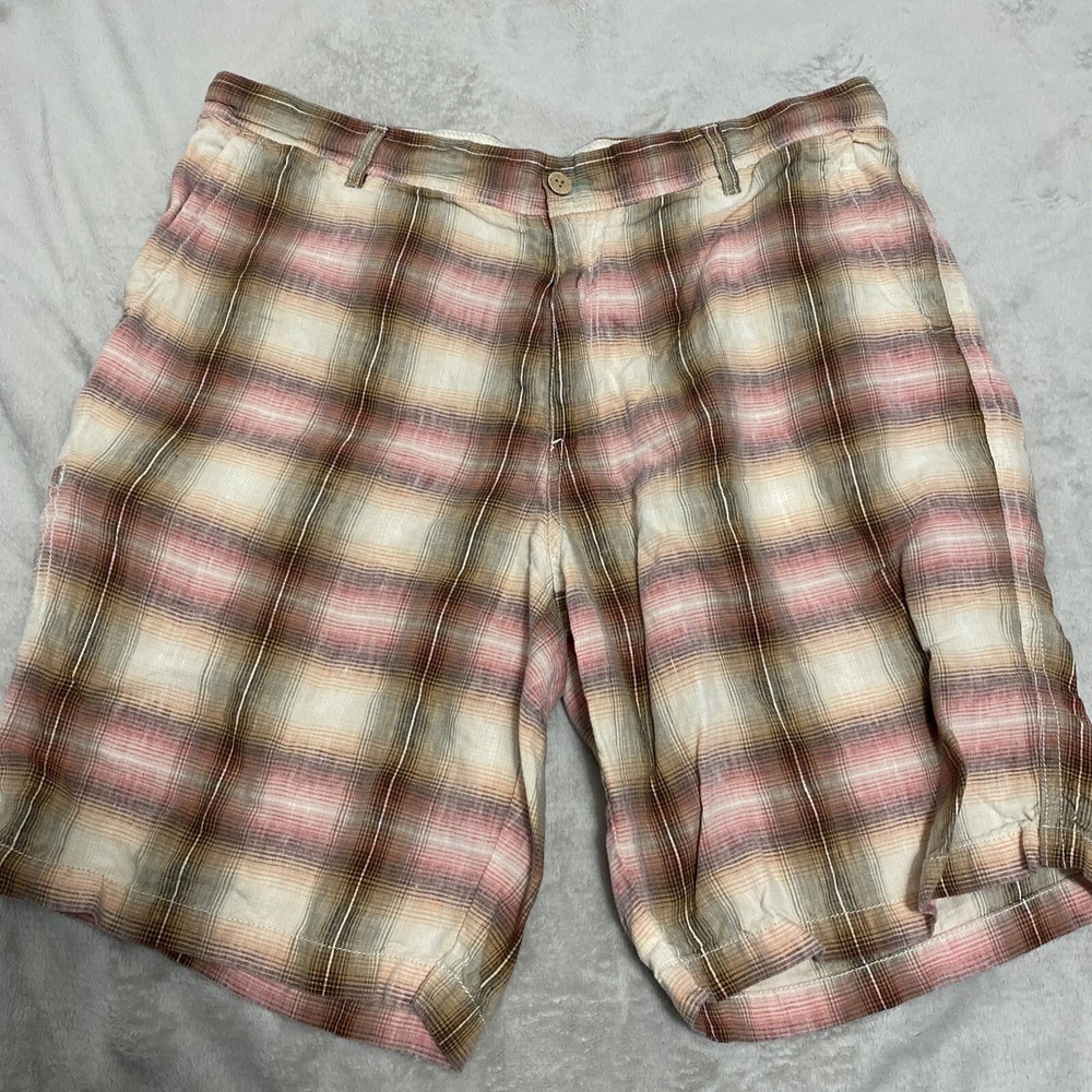 Tommy Bahama Mens Shorts Size 40 Brown Red Plaid Linen Flat Front Walking
