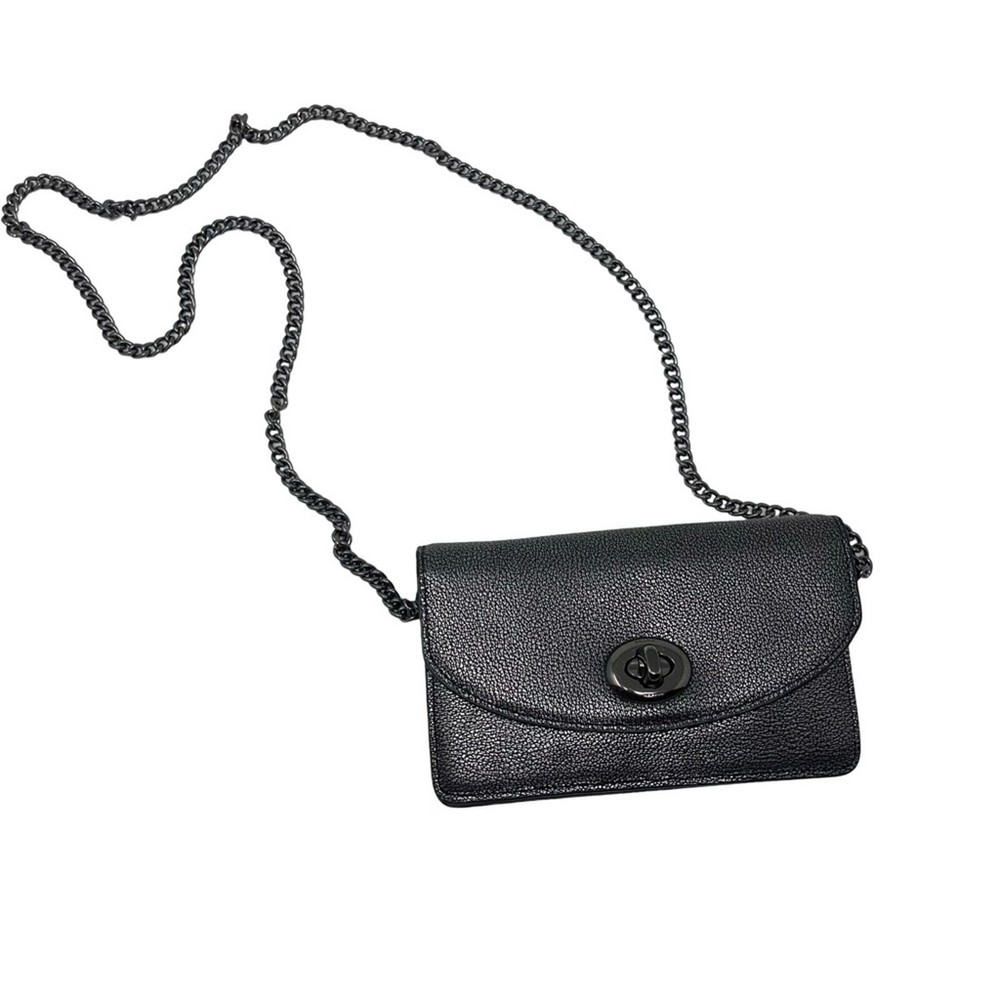 COACH F53628 Metallic Grey Caviar Leather Chain Clutch Wallet