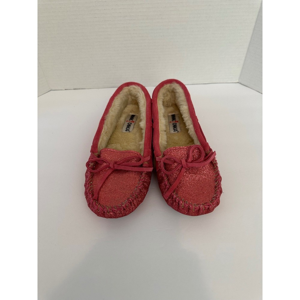 Minnetonka Glitter Moccasins Slippers Pink Bow Cozy Lined Women Size