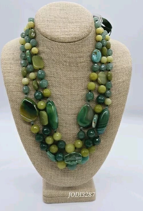 Semi Precious Multi Blue Aqua Green Beaded Stone Ribbon Necklace 60 Inch Layered