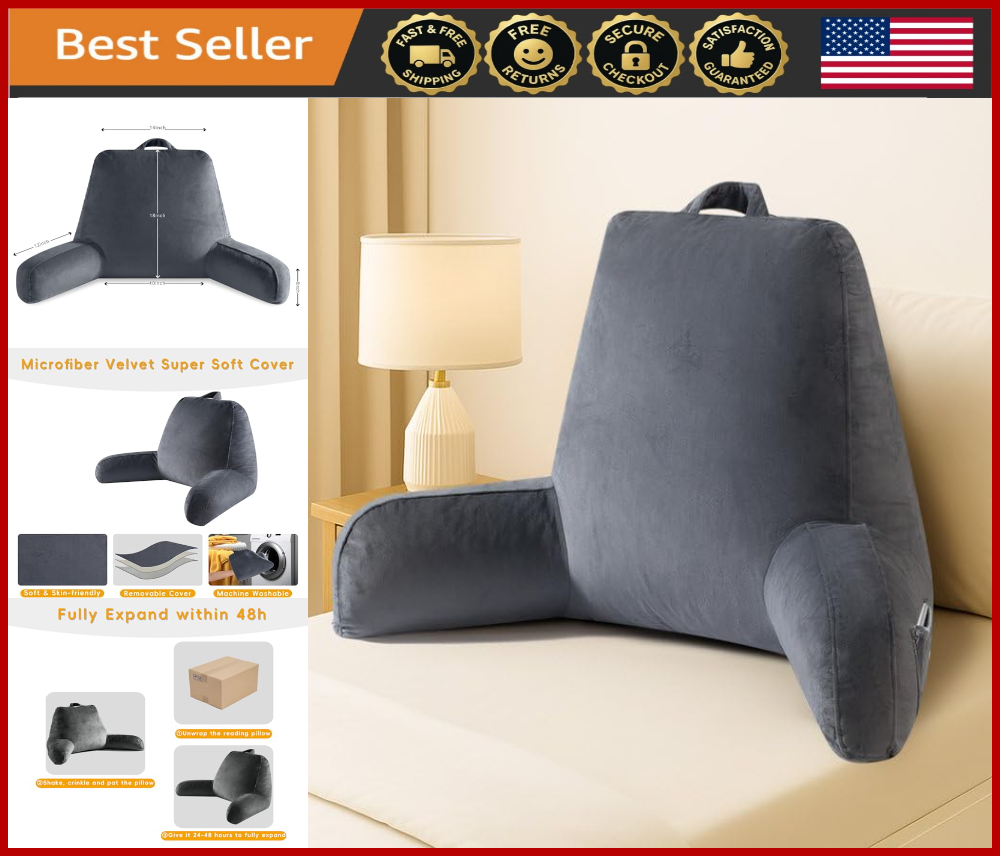 Large Reading Pillow for Bed - Back Support, Memory Foam, Washable Cover, Grey