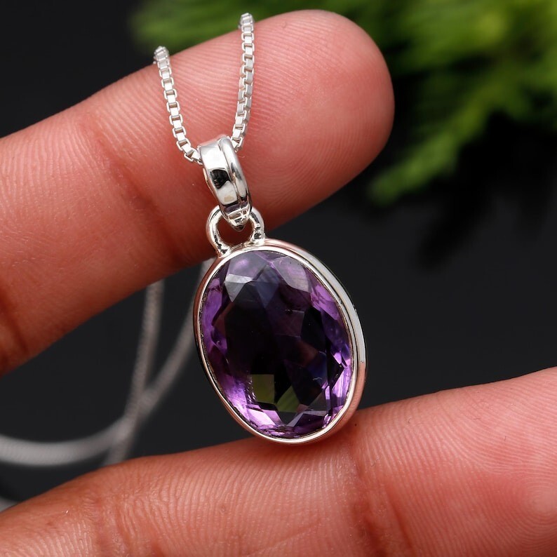 Purple Amethyst Gemstone Pendant 925 Sterling Silver Pendant Amethyst Necklace