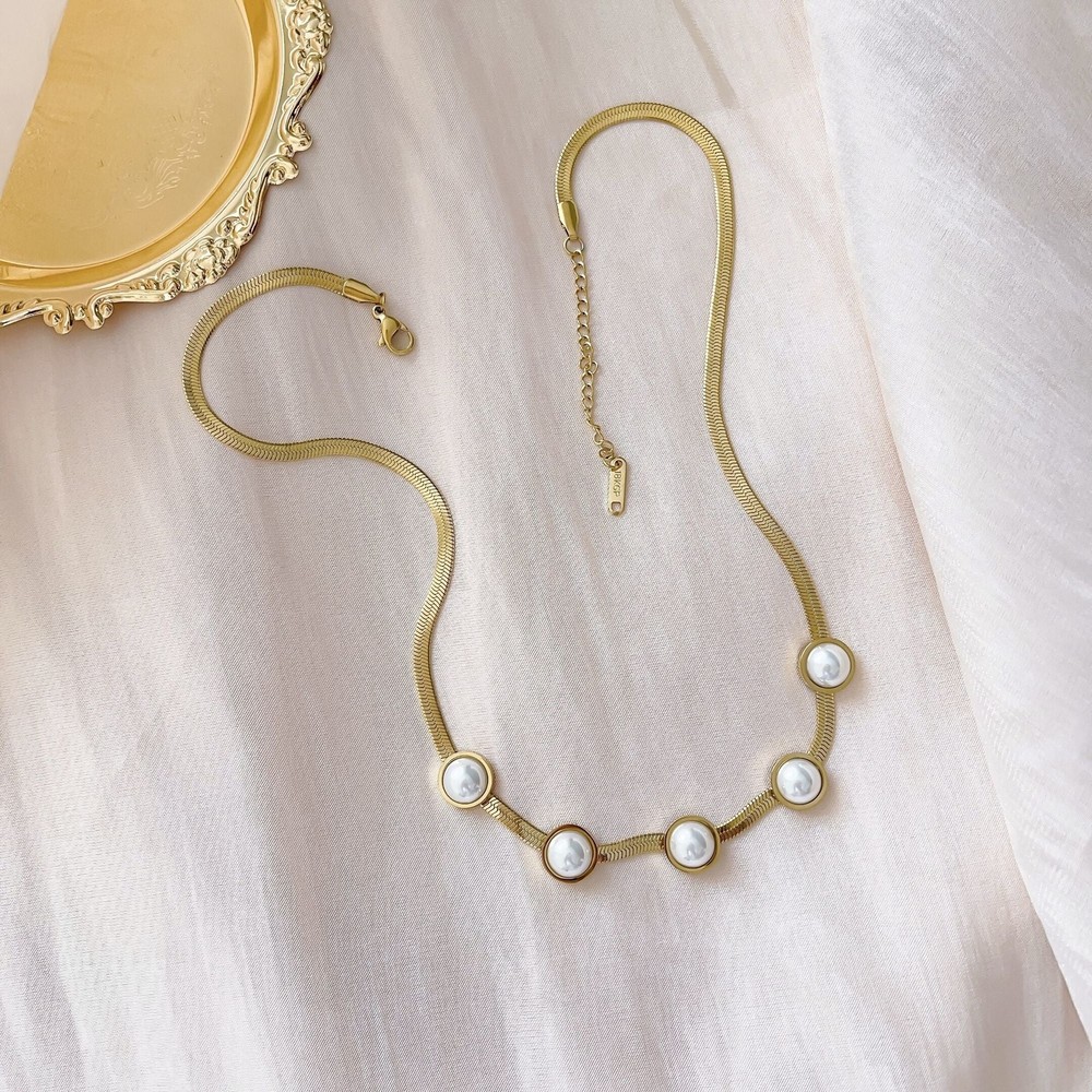 Titanium Steel Necklace Snake Chain With White Freshwater Pearl 18K Gold Plated