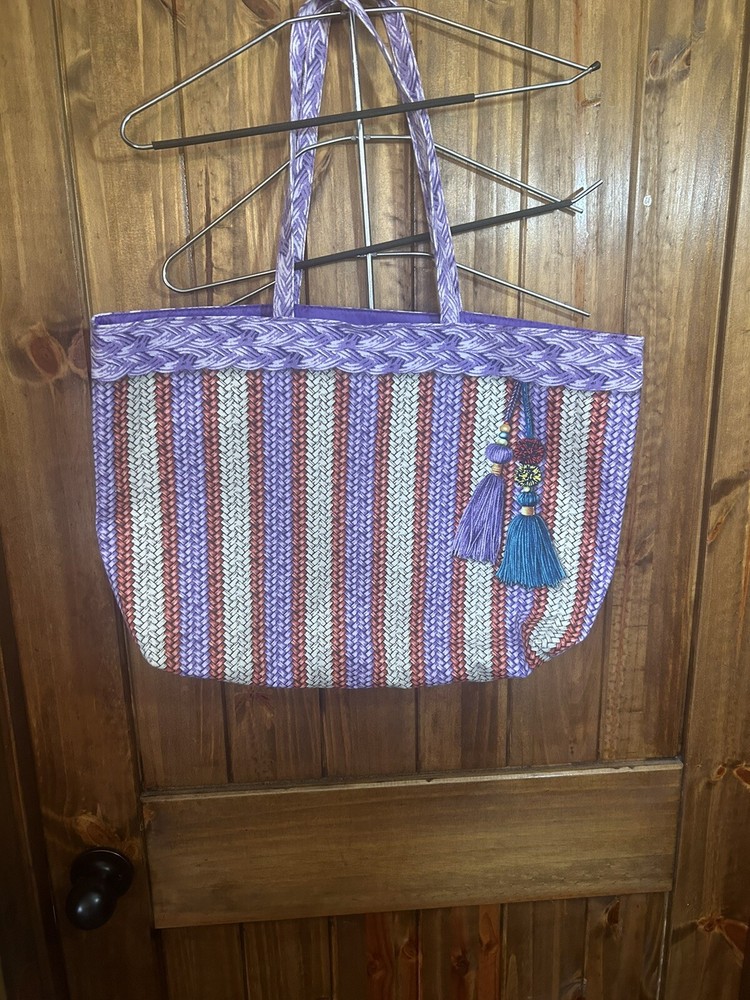 Purple Beige Beach Tote with Tassels 14 Inches High  