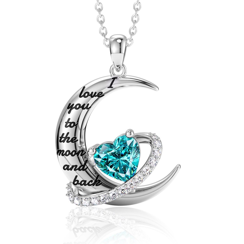 I Love You to The Moon and Back Necklace, S925 Sterling Silver March Heart Bi...