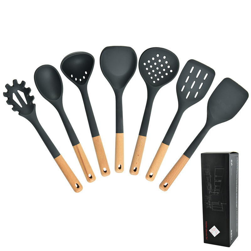 7pc Wooden Handle Silicone Kitchenware Spatula Colander Frying Spatula Set