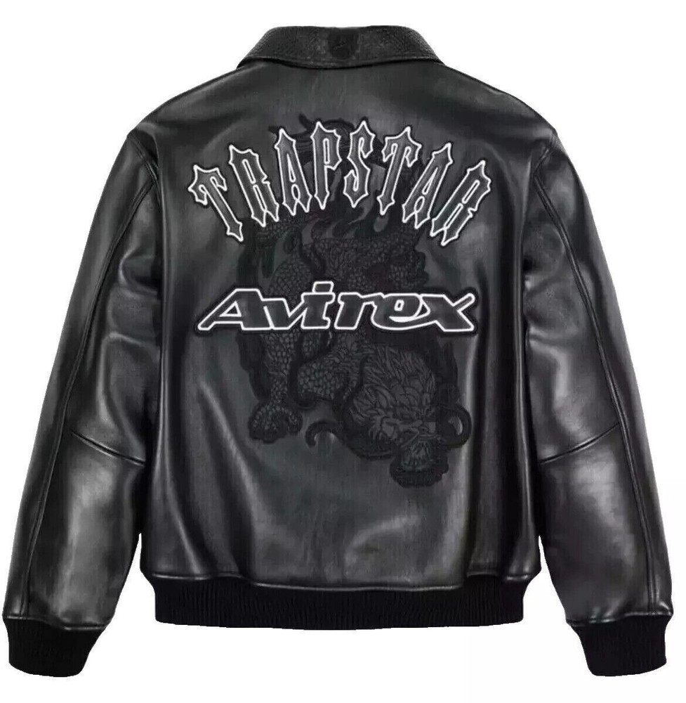 Men's Avirex X Trapstar Black American Flight Real Cowhide Leather Bomber Jacket