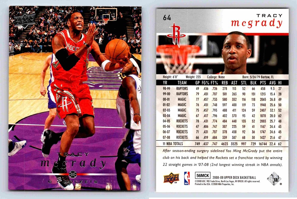 Tracy McGrady Houston Rockets Upper Deck 2008 Card 64 Sports Memorabilia