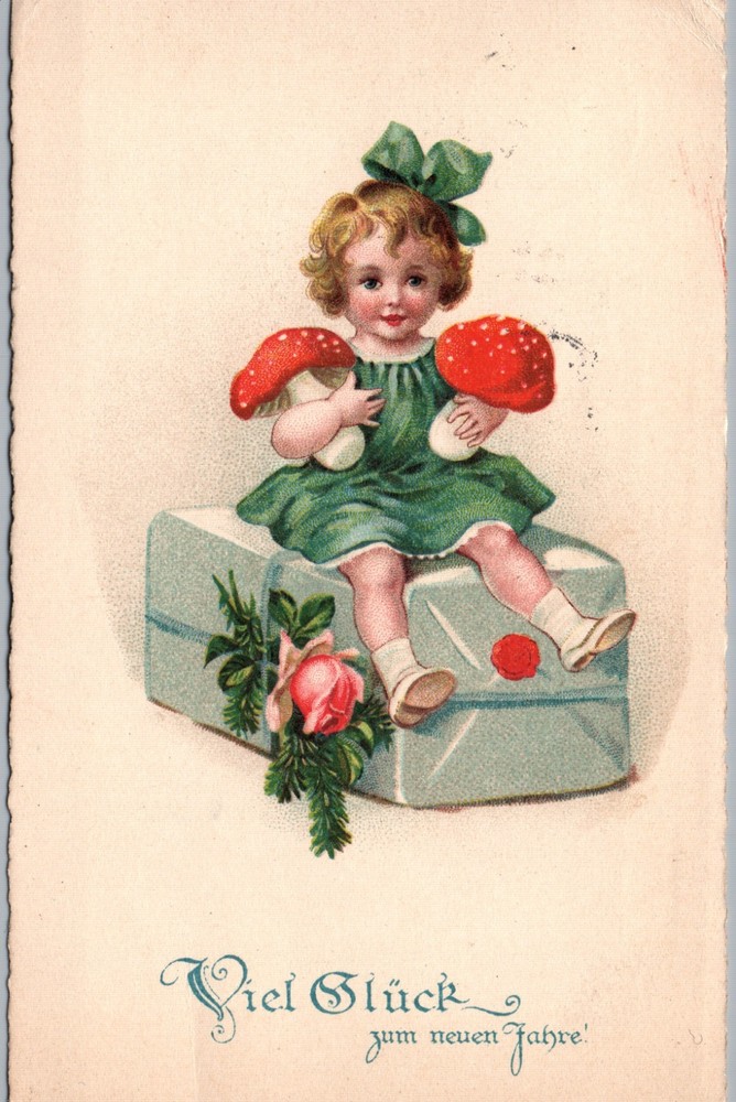 Girl Sits on Present with Mushrooms -Good Luck for New Year Old German Postcard-image