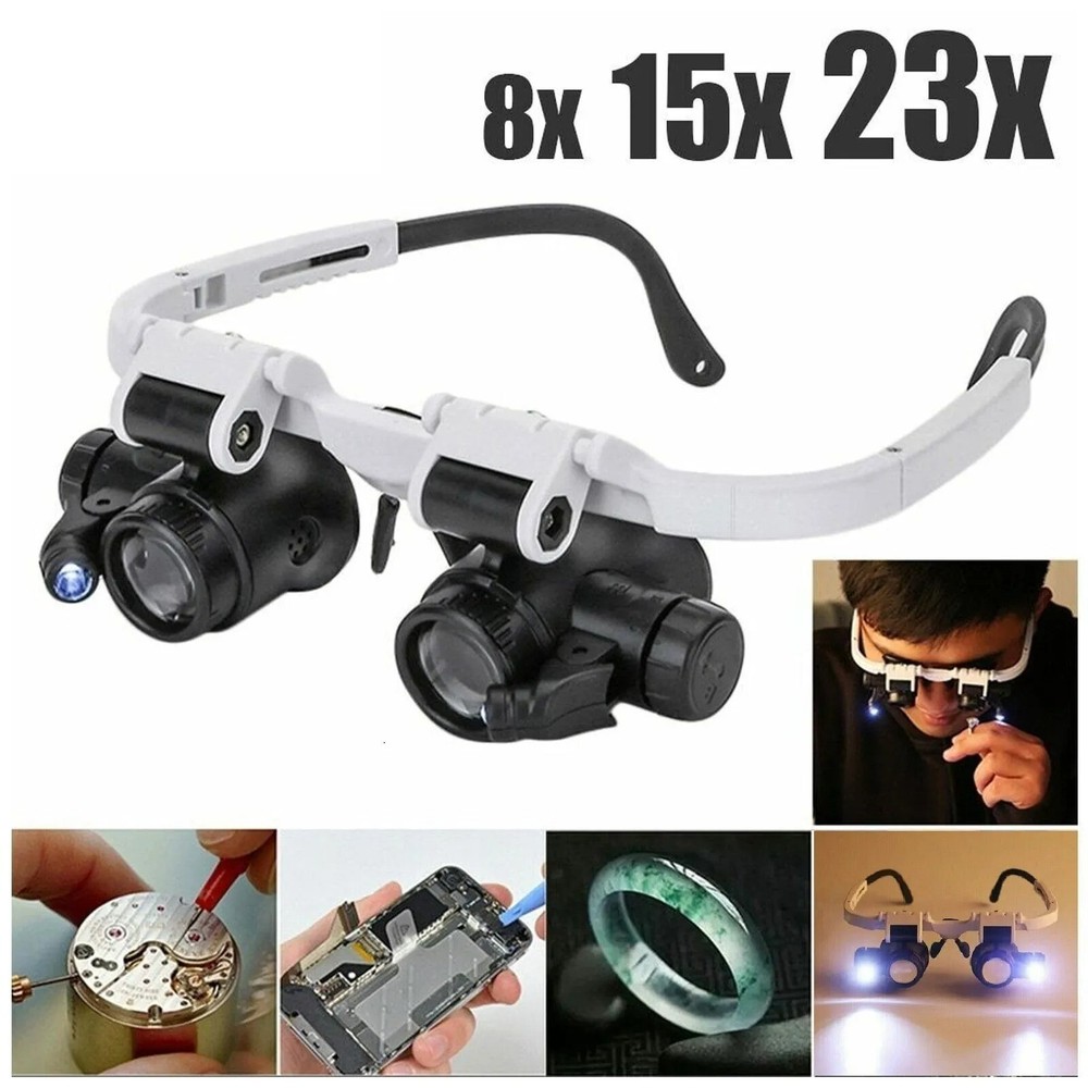 Headband Head Magnifier 8 Lens LED Light Jeweler Watch Loupe Magnifying Glasses