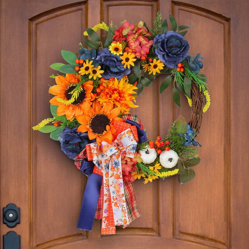 Colorful Artificial Seasonal Wreath for Front Door or Porch with Flowers