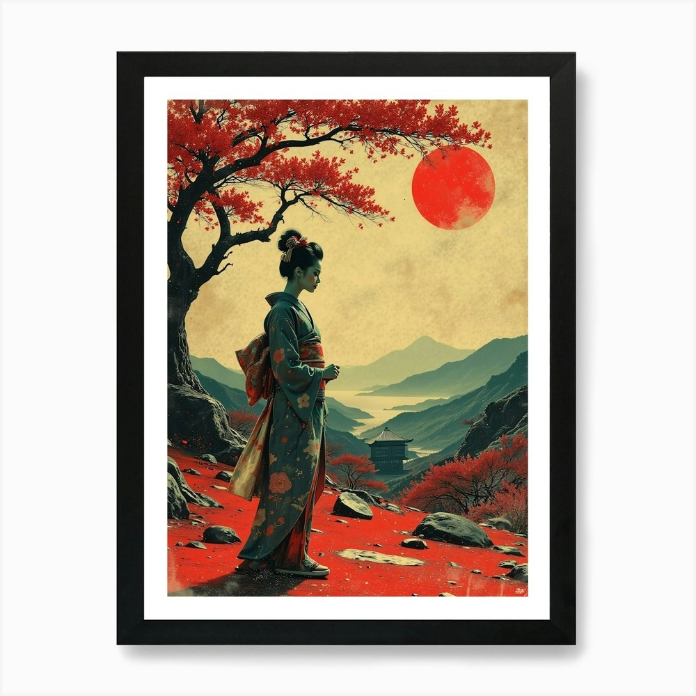 Geisha Under Tree Framed Wall Art Canvas Print Poster  