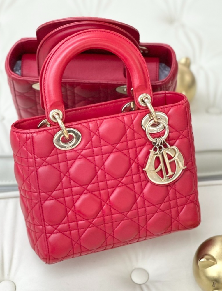 Christian Dior Lady Lamskin Top Handle Handbag Red Classic Women