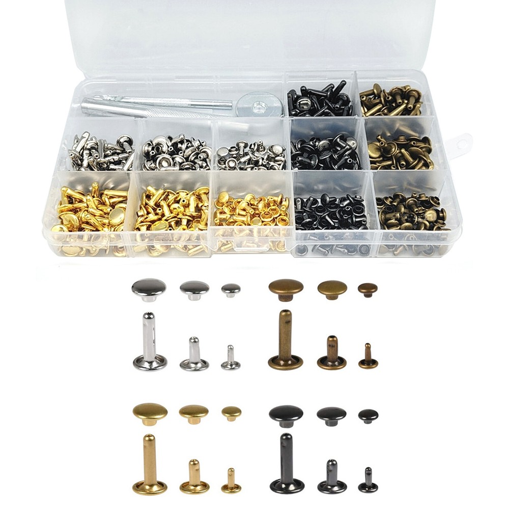 240 Sets Leather Rivets Double Cap Tubular Metal Studs Tool For Belt Shoes Bags