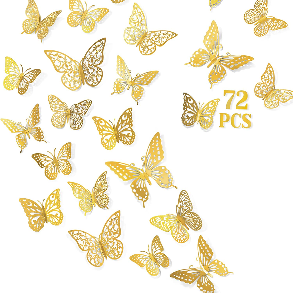 72 Pcs Gold Butterfly Wall Stickers in 6 Styles and 3 Sizes for Home Decor