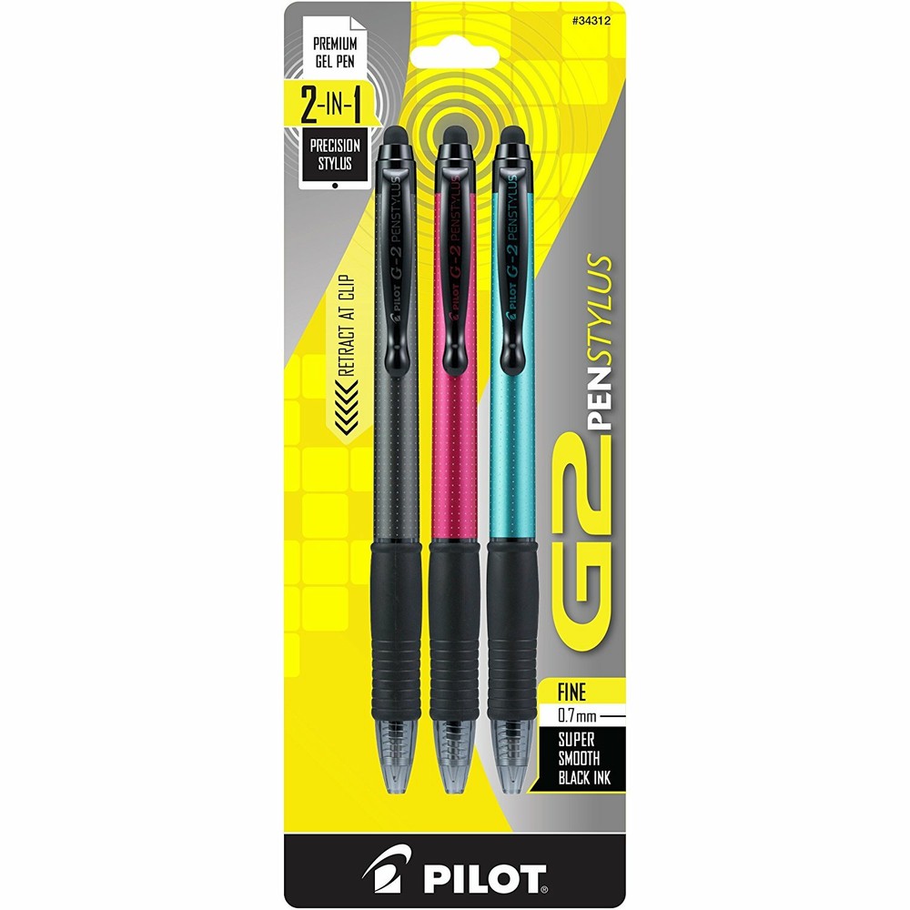 PILOT G2 Gel Pen Stylus Fine Black Ink Gray Red Turquoise Barrels (3-pack) NEW