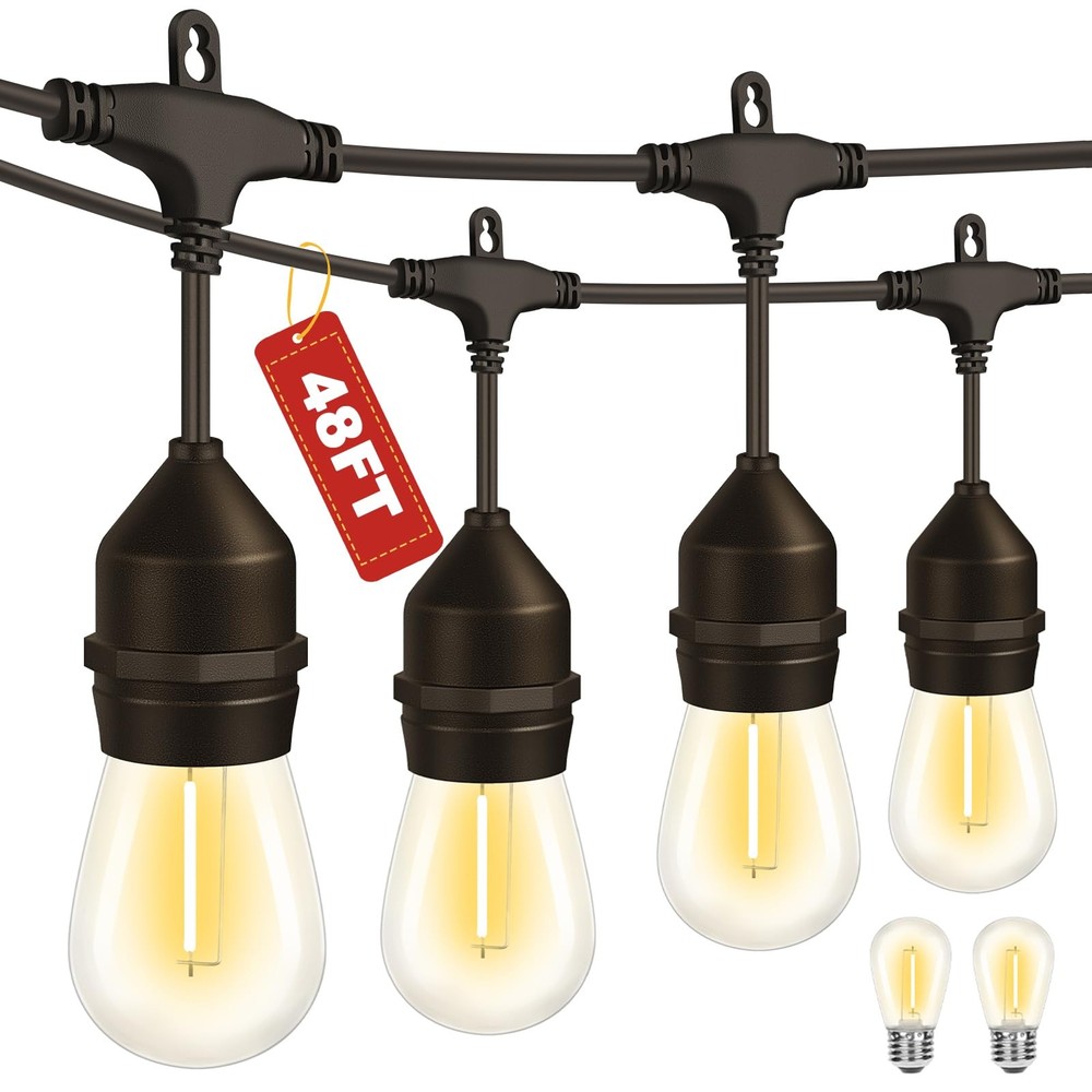48FT Outdoor LED String Lights with 17 Shatterproof Bulbs IP65 Waterproof for Patio Garden