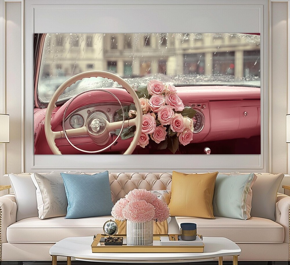 Retro Ladies Car Vintage Pink Roses Unframed Canvas Print Australian Wall Art