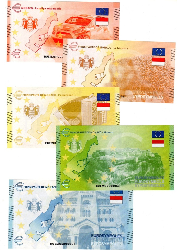 Principality MONACO LOT 5 THEMED BANKNOTES 0 EURO SOUVENIR EUROSYMBOLS HYBRID