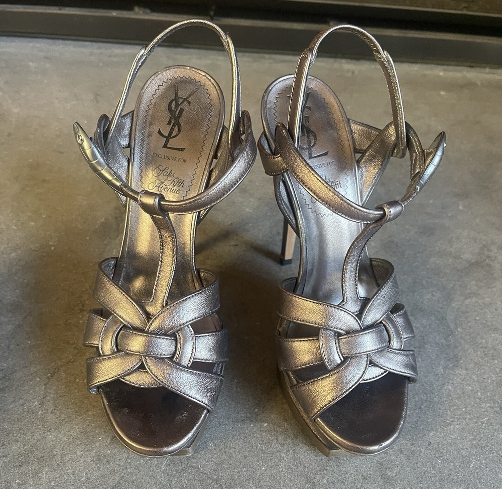 YSL Black Leather Platform Sandals with Gold Logo Detail