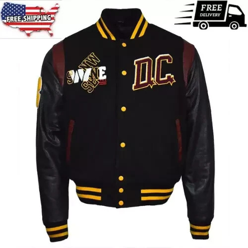 Men’s Black 90th Anniversary Washington Commanders Varsity Jacket Wool & Leather