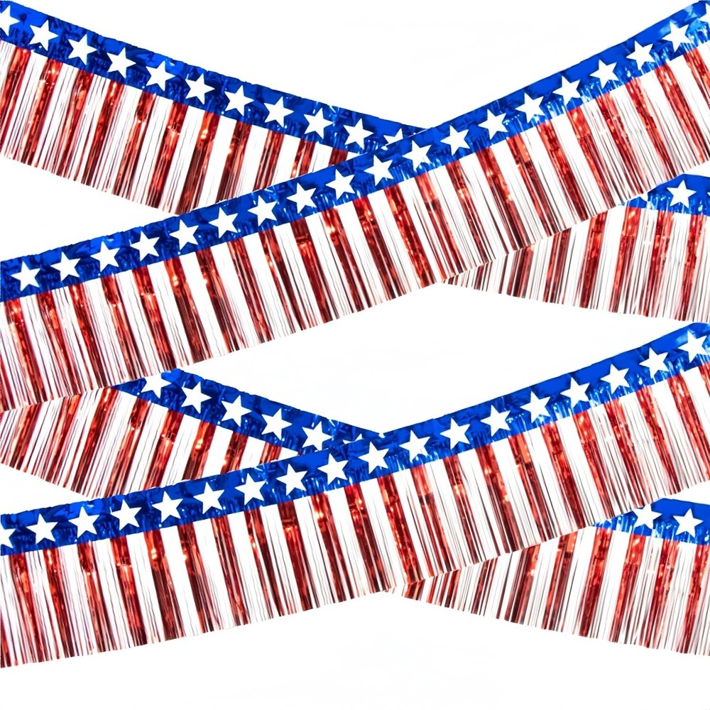 4th of July Tinsel Garland 4-Pack 40Ft Red White Blue Fringe Streamers
