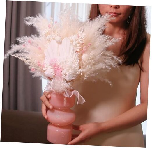 Natural Dried Pampas Grass Vase Preserved Mixed Decorative Bouquet. It is Pink