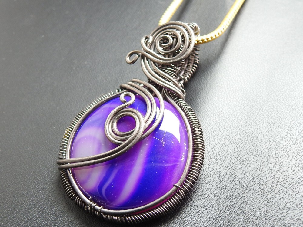 Purple Strip Agate Brass Pendant Silver Oxidised Polished Wire Wrapped Jewelry