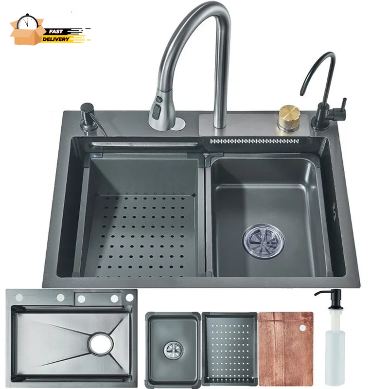 Matte Gray Stainless Steel Single Bowl Kitchen Sink with Pull-Out Mixer Tap