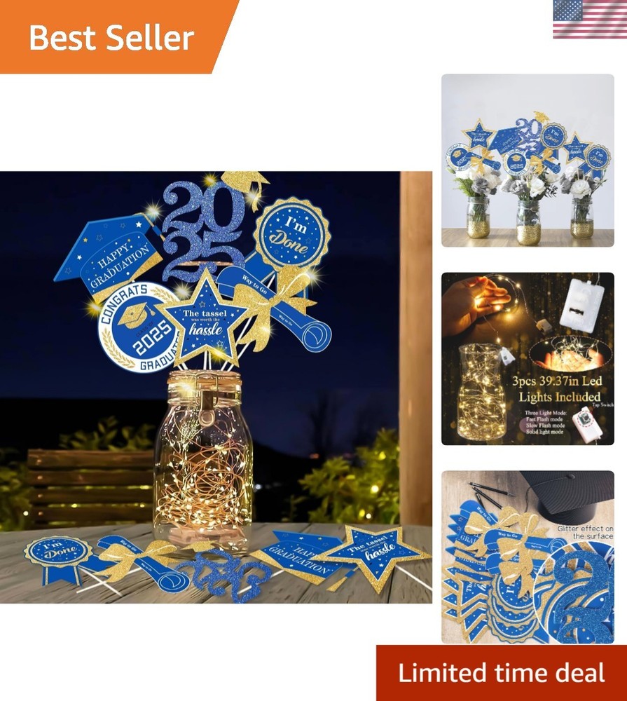 Glowing Blue Gold Graduation Decorations 30pcs LED Centerpiece Sticks for 2025 Party