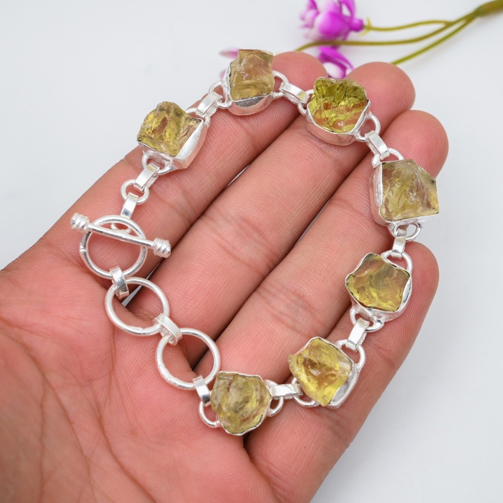 Amazing Raw Citrine Gemstone Jewelry 925 Sterling Silver Handmade Chain Bracelet