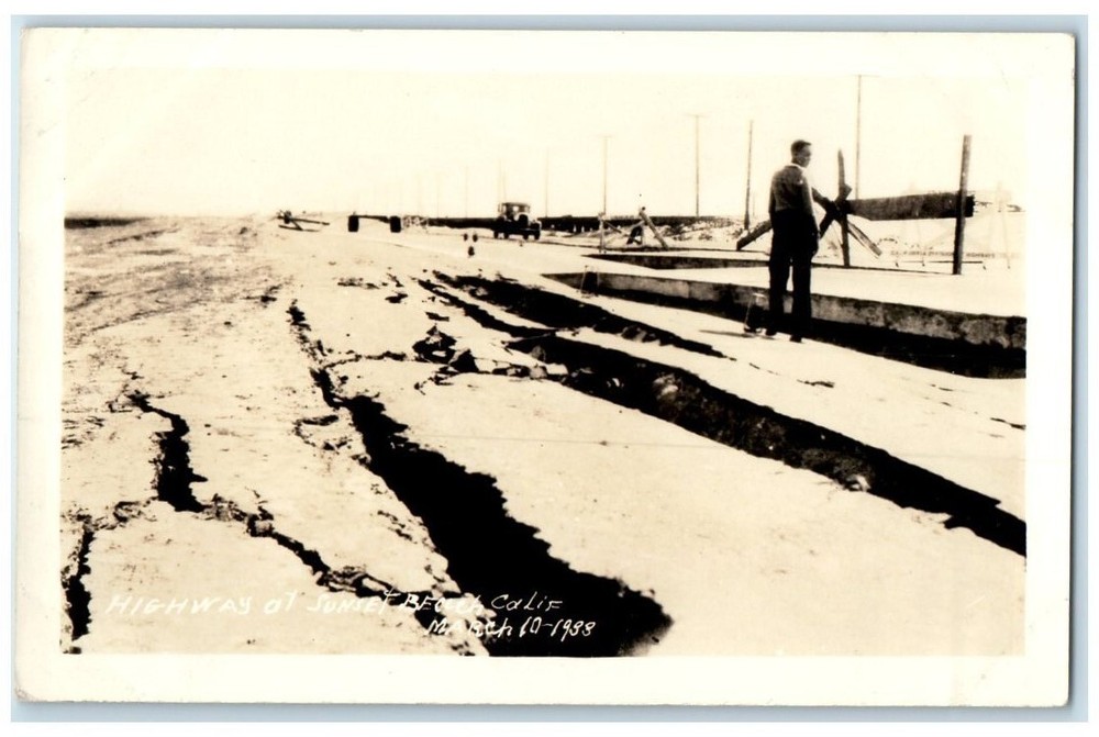 1933 Sunset Beach Highway Man Car View Orange County CA RPPC Photo Postcard