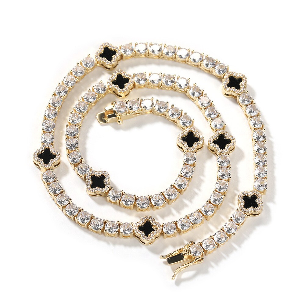 Hip Hop Tennis Chain Set with 5A Zircon Shell Flower Necklace Bracelet for Women Men