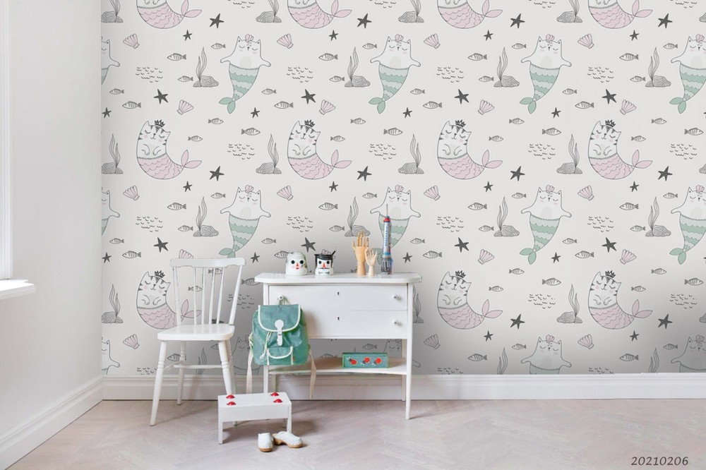 3D Mermaid Fish Seashell Pattern Wall Murals Wallpaper Murals Wall Sticker