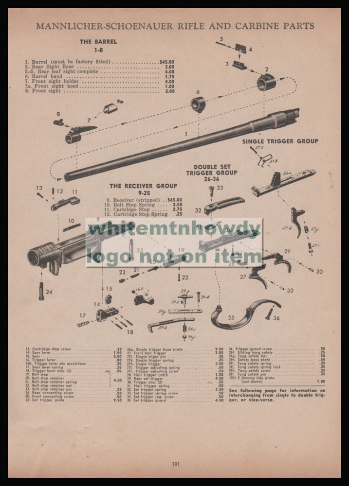 1964 MANNLICHER-SCHOENAUER Rifle  Carbine Parts List w/Trigger Assembly reverse