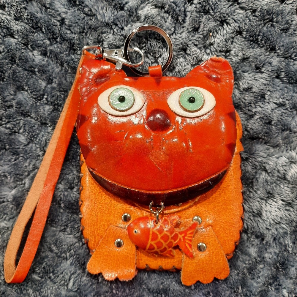 Vintage Cat W/ Fish Change Purse Wallet Brown Leather Wristlet Handmade
