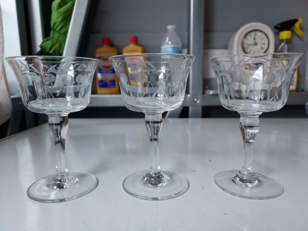 Set of 3 nice cocktail etched glasses 3 inWide 4 and one half in. Tall