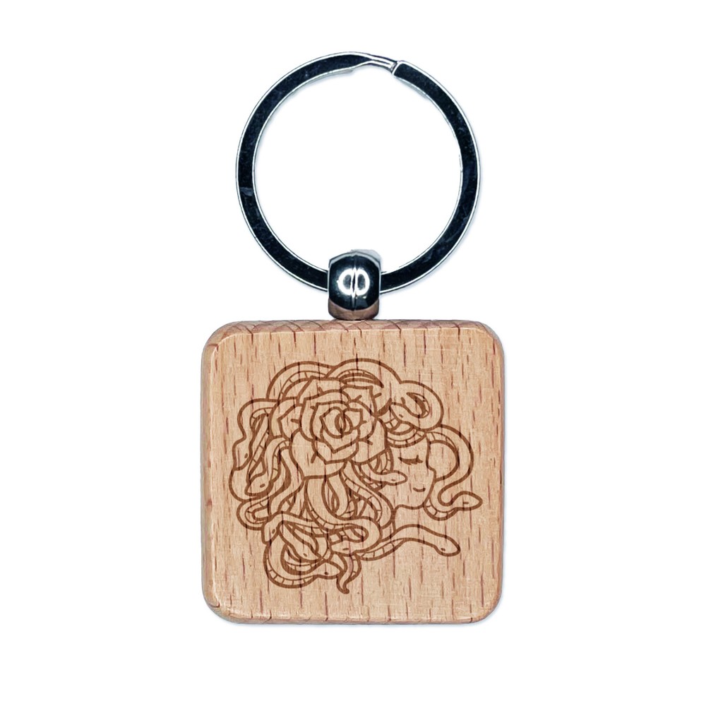 Resting Medusa with Rose Engraved Wood Square Keychain Tag Charm